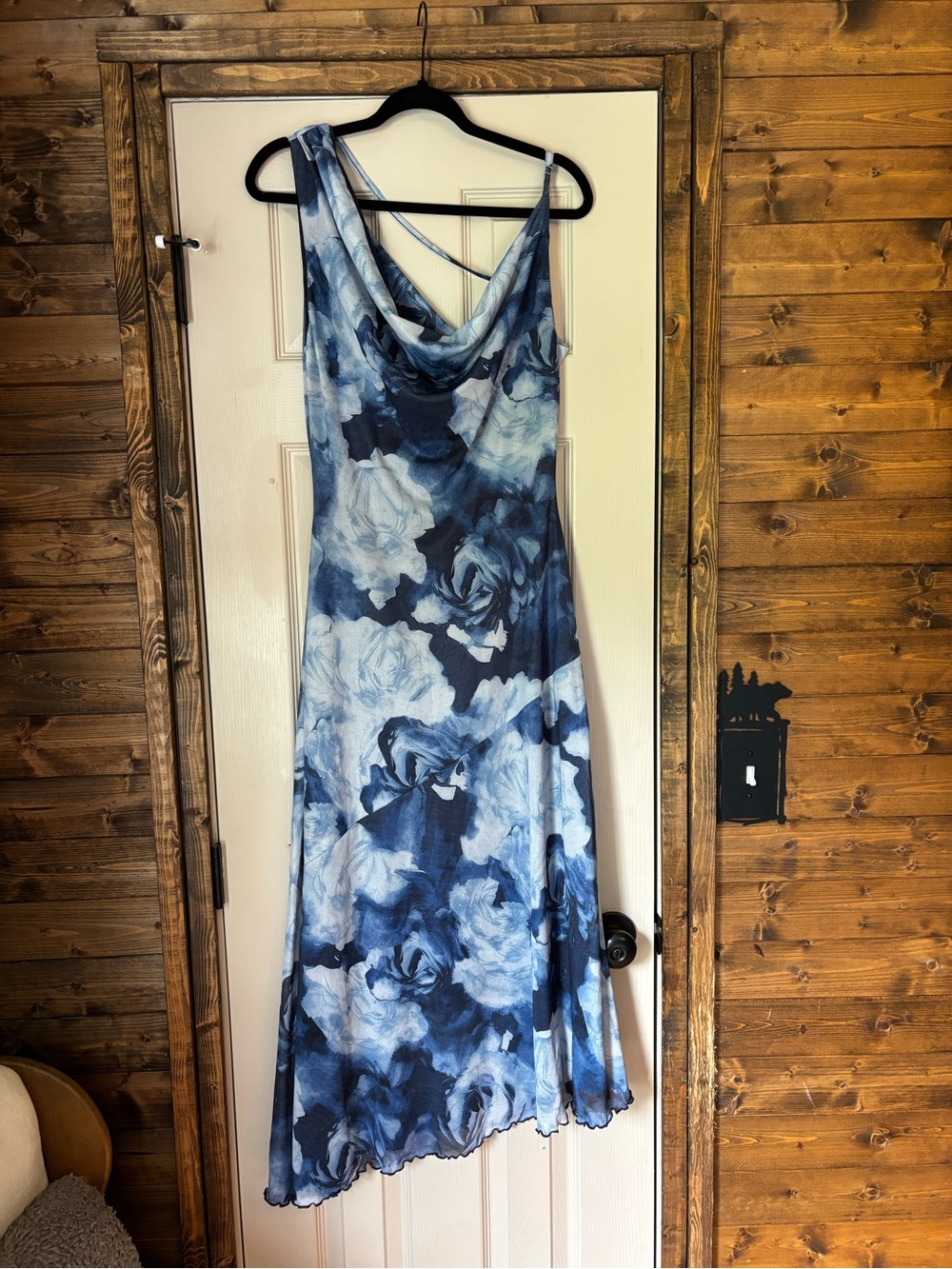 Grand Street Studios Blue Floral Cowl Neck Asymmetrical Midi Dress, Size Large
